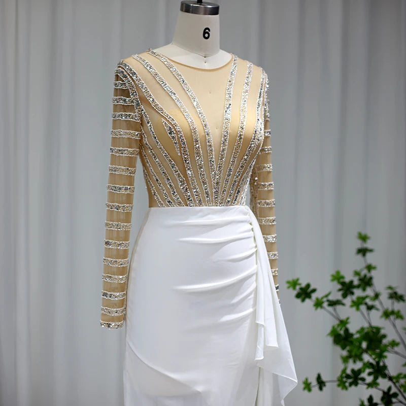 Sharon Said Dubai White Mermaid Arabic Evening Dress Long Sleeve Luxury Women for Wedding Party Midi Prom Formal Dresses SS270