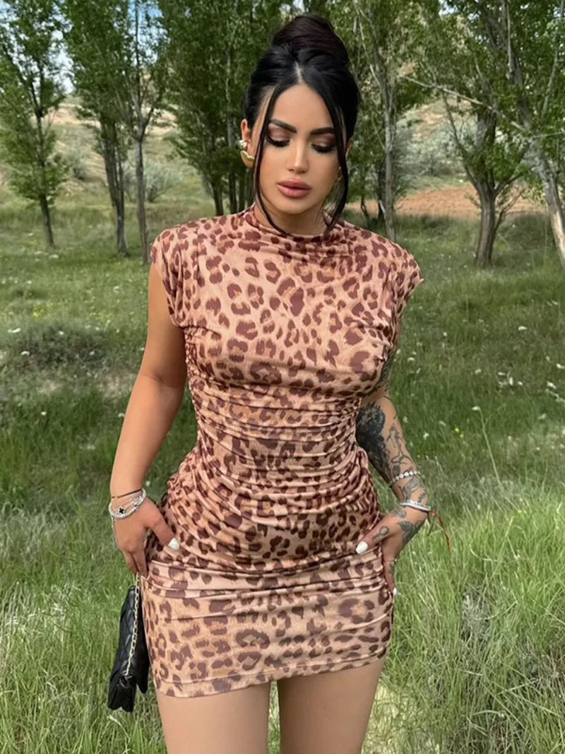 Fashion Sleeveless Leopard Print Short Dress 2024 Woman Clothes Summer High Waist Tunics Folds Package Hip Holiday Beach Dresses