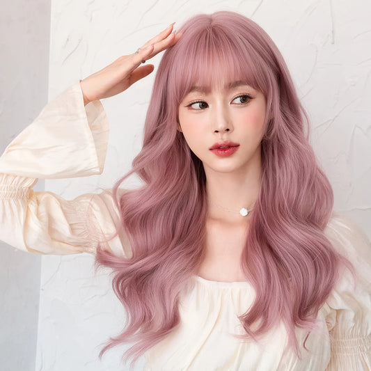 7JHH WIGS Long Wavy Pink Wigs for Women Daily Party Costume Synthetic Hair Wig with Bangs Halloween Costume Carnival Lolita Wig