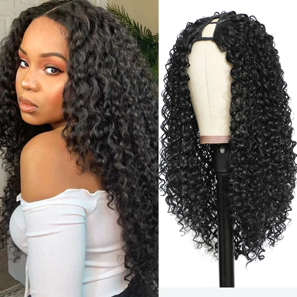 Long Black Curly Wig for Women Synthetic Curly Wigs Natural Looking V Part Heat Resistant Fibre for Daily Party Use 26 Inch