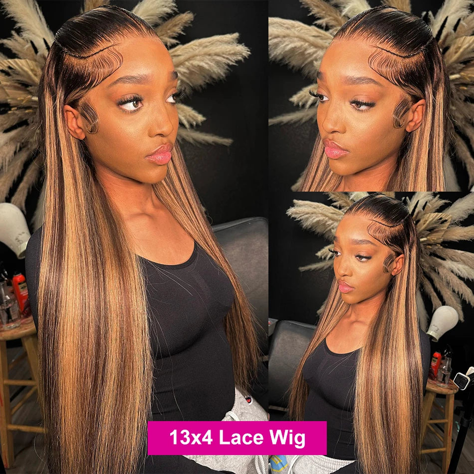 Luvin 250% Bone Straight Highlight Wigs Human Hair 13x6 Lace Front Wig Colored Ombre 13x4 Transparent Lace Frontal Wig For Women