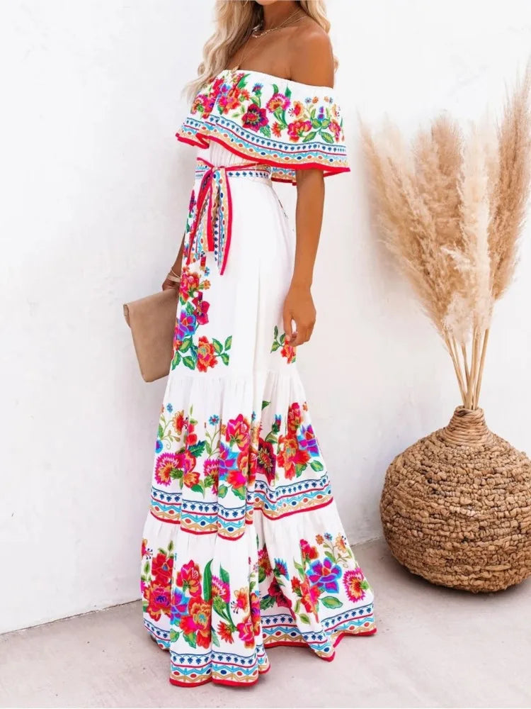 Summer Women Print Boho Dress Fashion Sexy Slash Neck Maxi Dresses For Femme Casual Elegant Party Vestidos Robe 2024 New Female