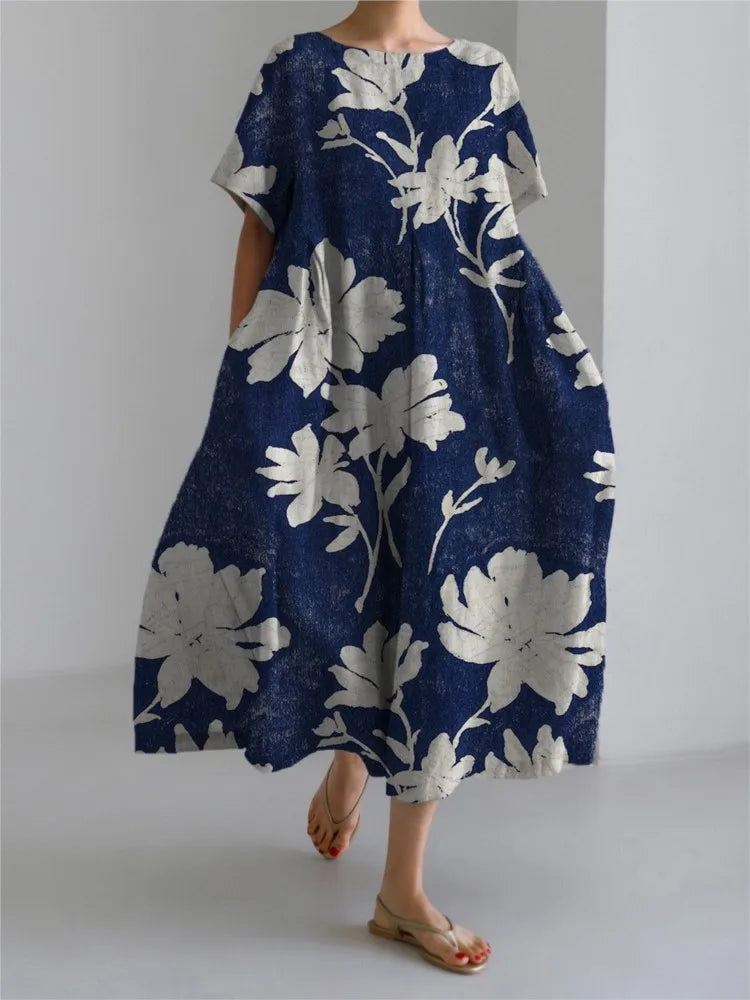 Fashion Lady Short Sleeve Big Swing Loose Maxi Dress 2024 Summer Women Flower Printing Pocket Dress O Neck Party Dress Robe