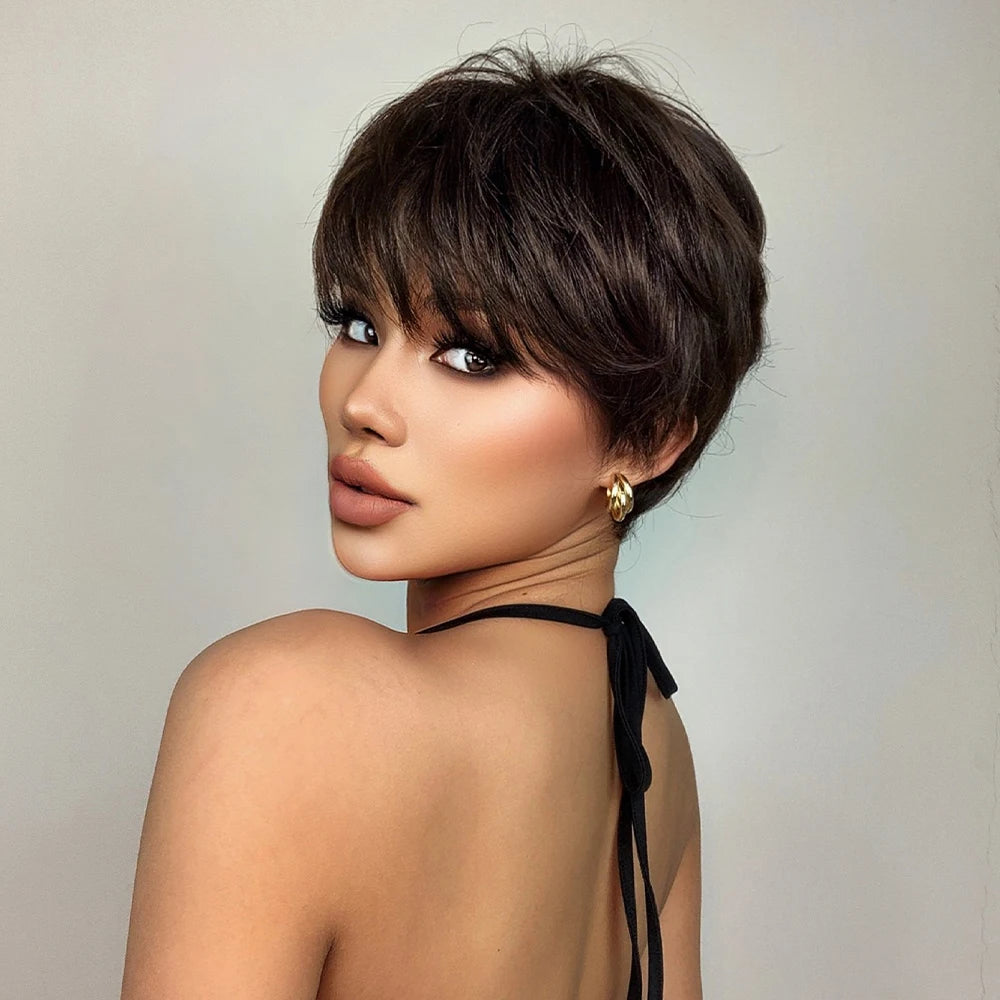 Short Pixie Cut Dark Brown Synthetic Wigs Natural Straight Layered Wig with Fluffy Bangs for Women Daily Heat Resistant Hair