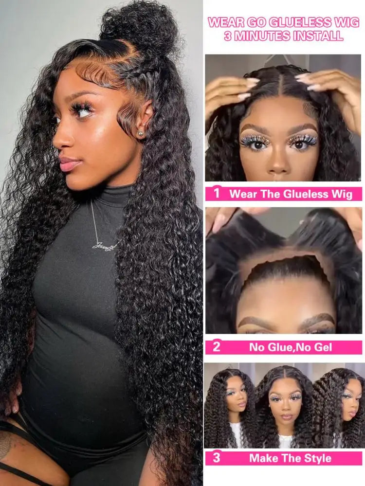 Water Wave Glueless Wig Ready to Wear Pre-Cut 5x5 HD Lace Wig Pre-Plucked Glueless Curly Lace Frontal Human Hair Wigs For Women