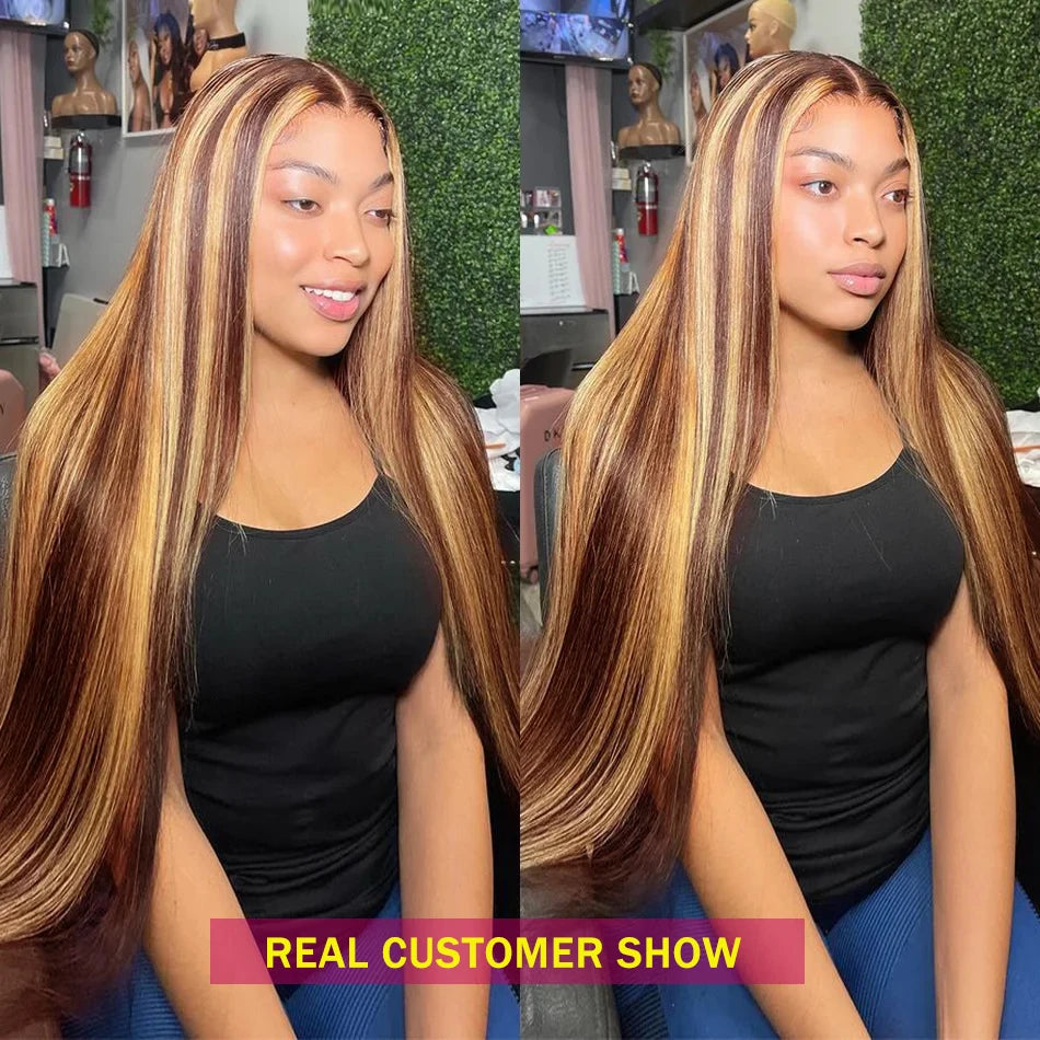 250 Density 13x4 HD Lace Frontal Wig 4/27 Highlights Blonde Colored Human Hair Wigs Brazilian Straight Lace Front Human Hair Wig