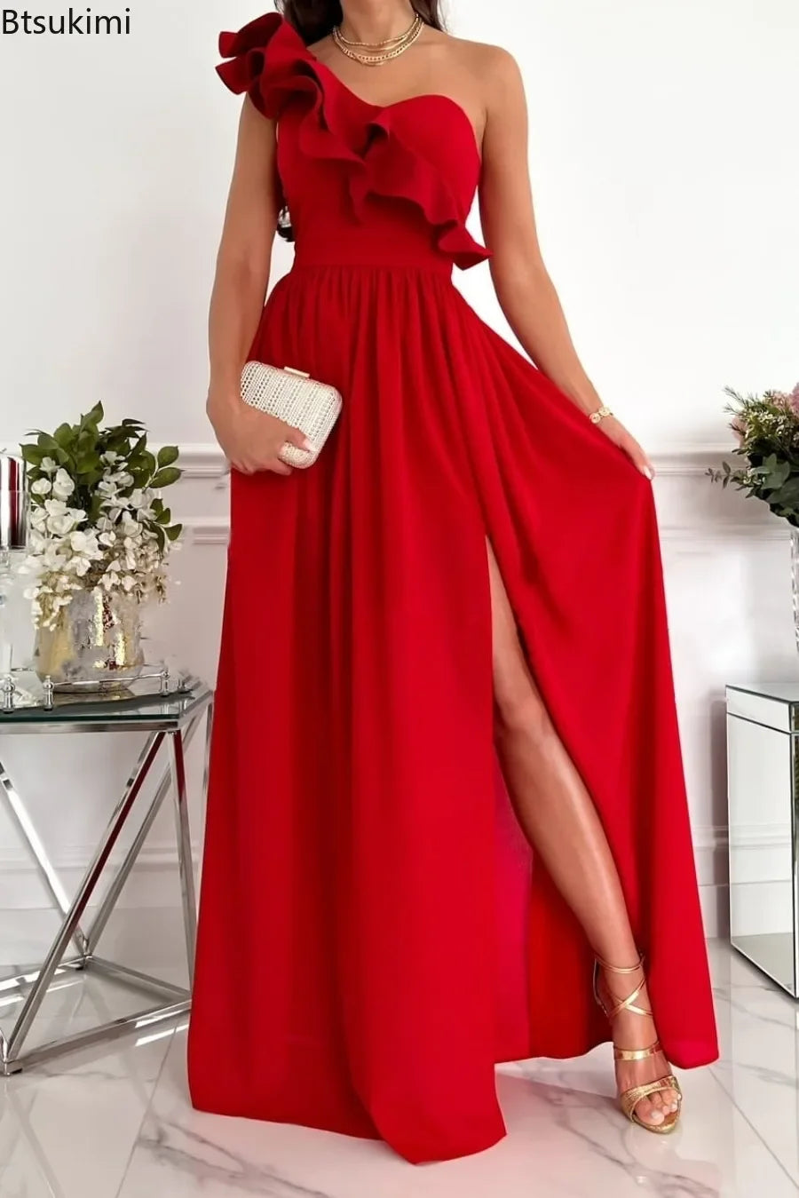 New 2024 Women's Summer Sleeveless Ruffle Hem Split Club Party Dress Solid Elegant Evening Long Dress Female Chiffon Midi Dress