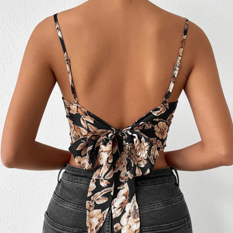 Fashion Vintage Women Thin Straps V-neck Floral Printing Poplin Bustier Tank Crop Tops Female Summer Sexy Backless Big Bow Camis