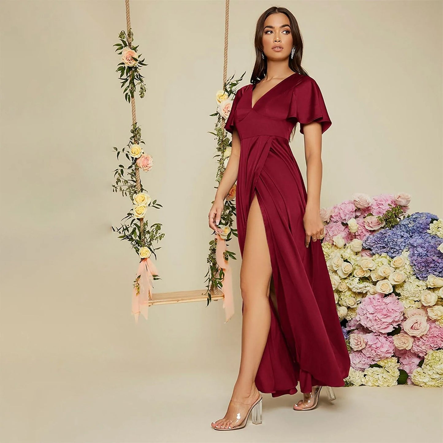 Luxury Prom Evening Dresses Long A-LINE Short Sleeve V-neck Floor-Length 2023 Chiffon Exquisite Bridesmaid Women Dress Vestidos