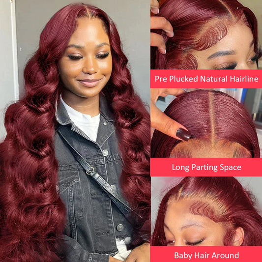 250 Density 99J Burgundy Body Wave HD 13x6 Lace Frontal Wig 13x4 Human Hair 30 40 Inch Lace Front wig Wine Red Colored Brazilian