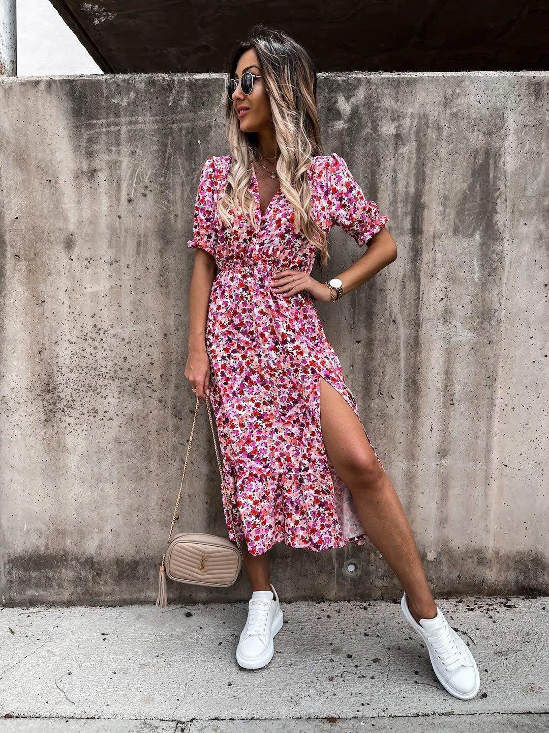 Summer Floral Print Dress Women V Neck Side Slit Long Dress Elegant Short Sleeve Button Slim Spring Female Party Dress Vestidos