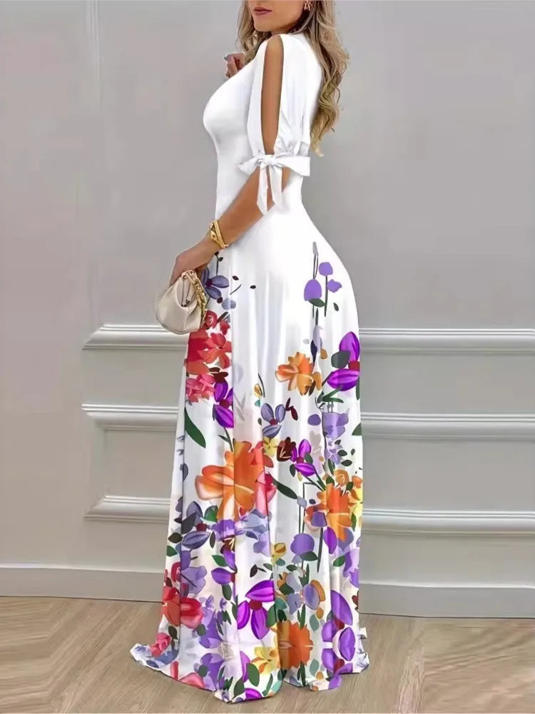 Fashion Sexy Off Shoulder Boho Dress Women Summer Elegant V Neck Short Sleeve Print Maxi Dresses Casual Female Office Vestidos