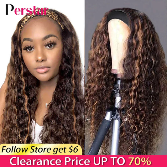 Perstar Ombre Headband Wigs Human Hair Water Curly Headband Human Hair Wigs for Women Brazilian Highlight Wigs Honey Blonde Wig