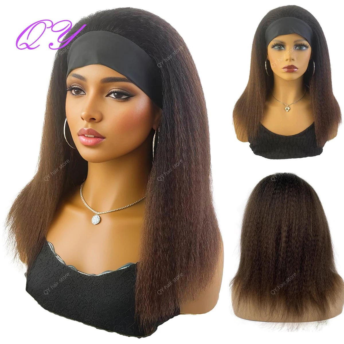 Synthetic Wig African Women Yaki Straight Headband Wigs Black Medium Length Hairstyle Women's Wig Daily Ladies Turban Wig