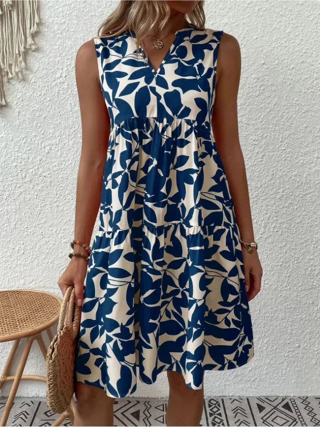 Women Dress Summer Boho Print Mini Elegant Sleeveless V Neck Ruffle A Line Tank Dress Casual Loose Oversize Beach Party Sundress