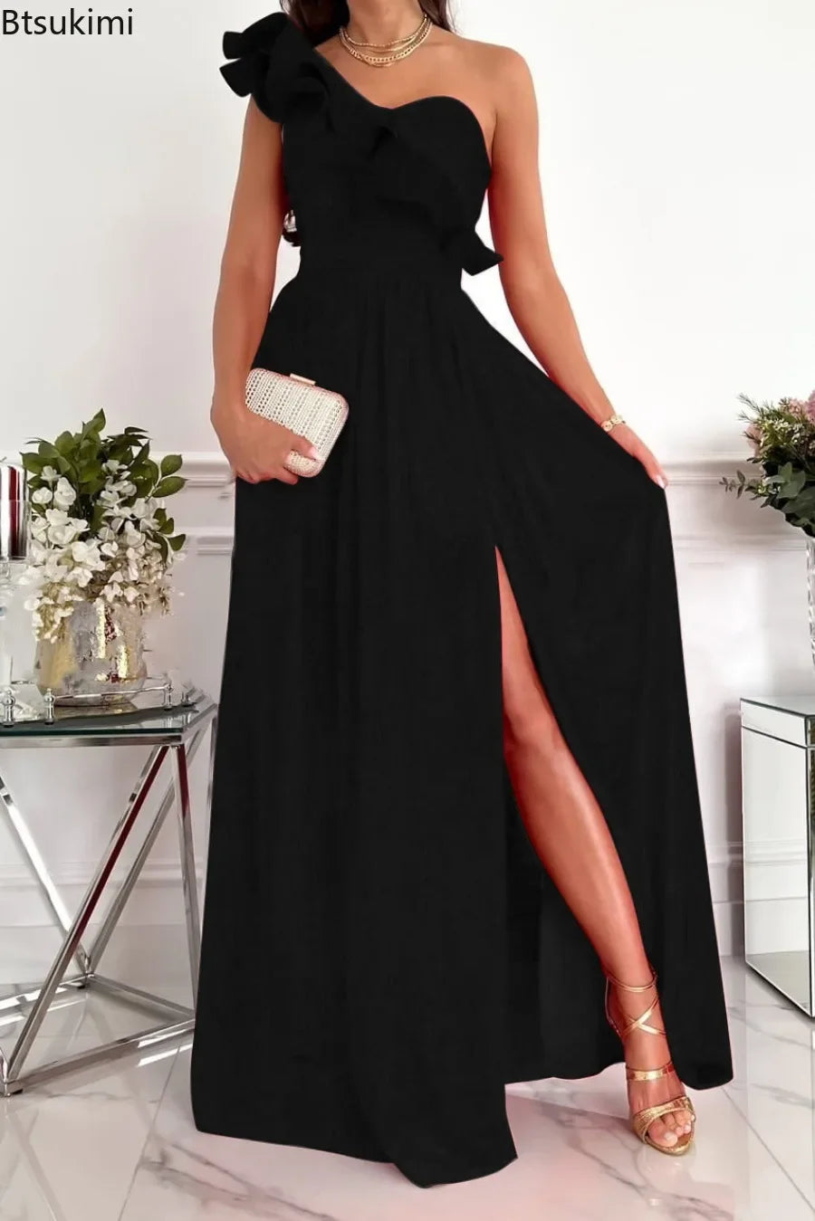 New 2024 Women's Summer Sleeveless Ruffle Hem Split Club Party Dress Solid Elegant Evening Long Dress Female Chiffon Midi Dress