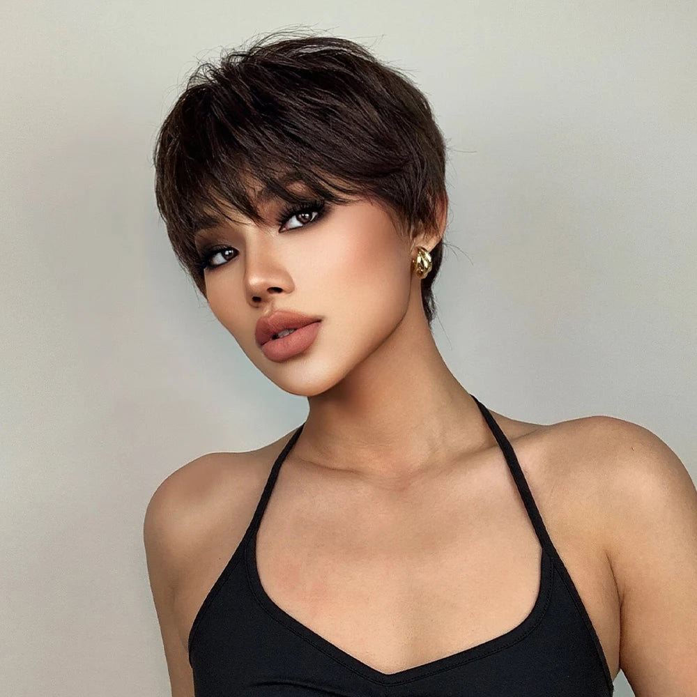 Short Pixie Cut Dark Brown Synthetic Wigs Natural Straight Layered Wig with Fluffy Bangs for Women Daily Heat Resistant Hair