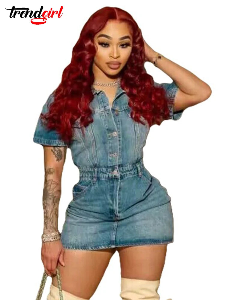 Trendgirl Elegant Stretch Short Sleeve Dress Denim Summer Women Slim Solid Pockets Birthday Party Bodycon Jean Mini Vestido 2024