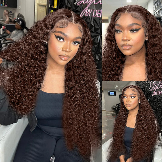 Rosabeauty Chocolate Brown Curly Wigs 13X6 HD Human Hair Lace Frontal Wig 30 32 Inch 13x4 Deep Wave Colored Glueless For Women