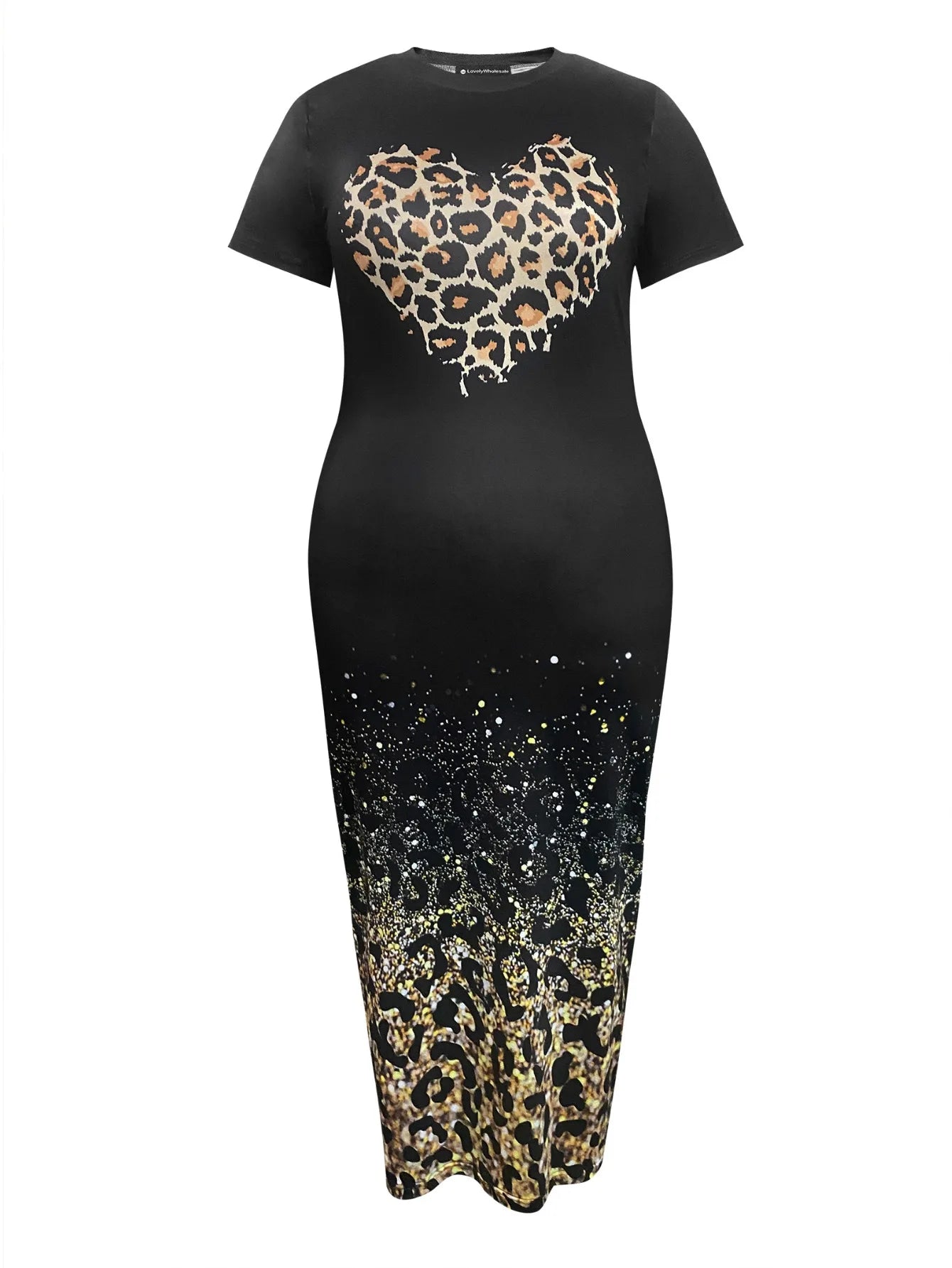 LW Leopard Heart Print Bodycon Dress Summer Women Short Sleeve Maxi Dress Vestido Fashion Casual Clothes XL-5XL