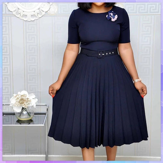 Summer Plus Size Pleated S-3Xl Dress Ladies O-Neck Short Sleeve Solid With Belt Mid-Calf Office Lady Elegant Dresses For Women