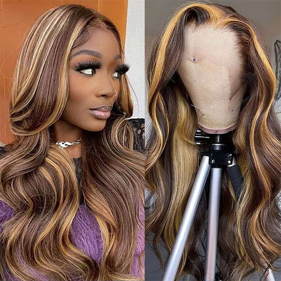 Highlight Wig Human Hair Ombre Brown Lace Front Wig Brazilian Hair Wigs For Women 32 Inch Honey Blonde Body Wave Lace Front Wig