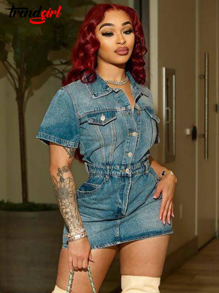 Trendgirl Elegant Stretch Short Sleeve Dress Denim Summer Women Slim Solid Pockets Birthday Party Bodycon Jean Mini Vestido 2024