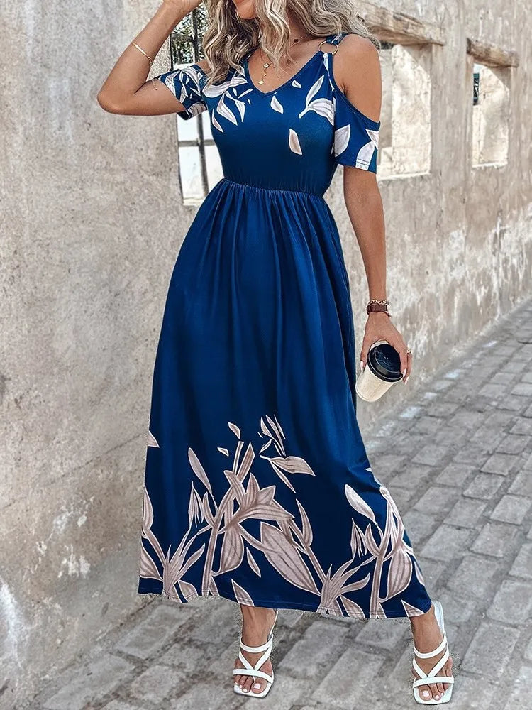 Summer Women Print Dress Fashion Sexy V Neck Short Sleeve Off Shoulder Casual Elegant Maxi Dresses Female Clubwear Casual Dress