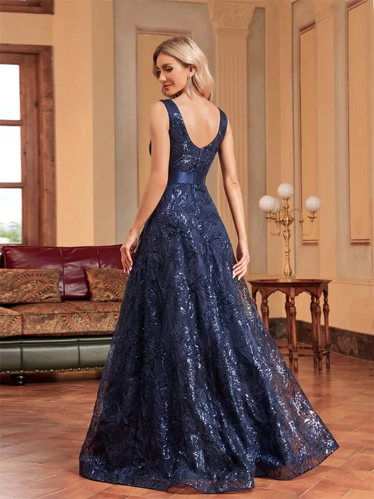 Lucyinlove Luxury Sexy Deep V-Neck Sequins Blue Evening Dress Women Elegant V-back Wedding Party Long Prom Cocktail Dress