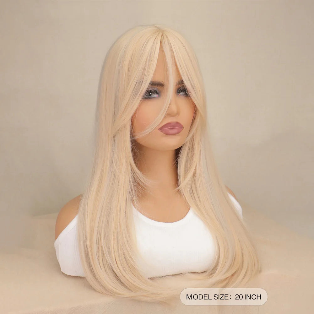 Light Blonde Long Straight Synthetic Wigs for Black Women with Bangs Hair Cosplay Heat Resistant Wigs Party Daily