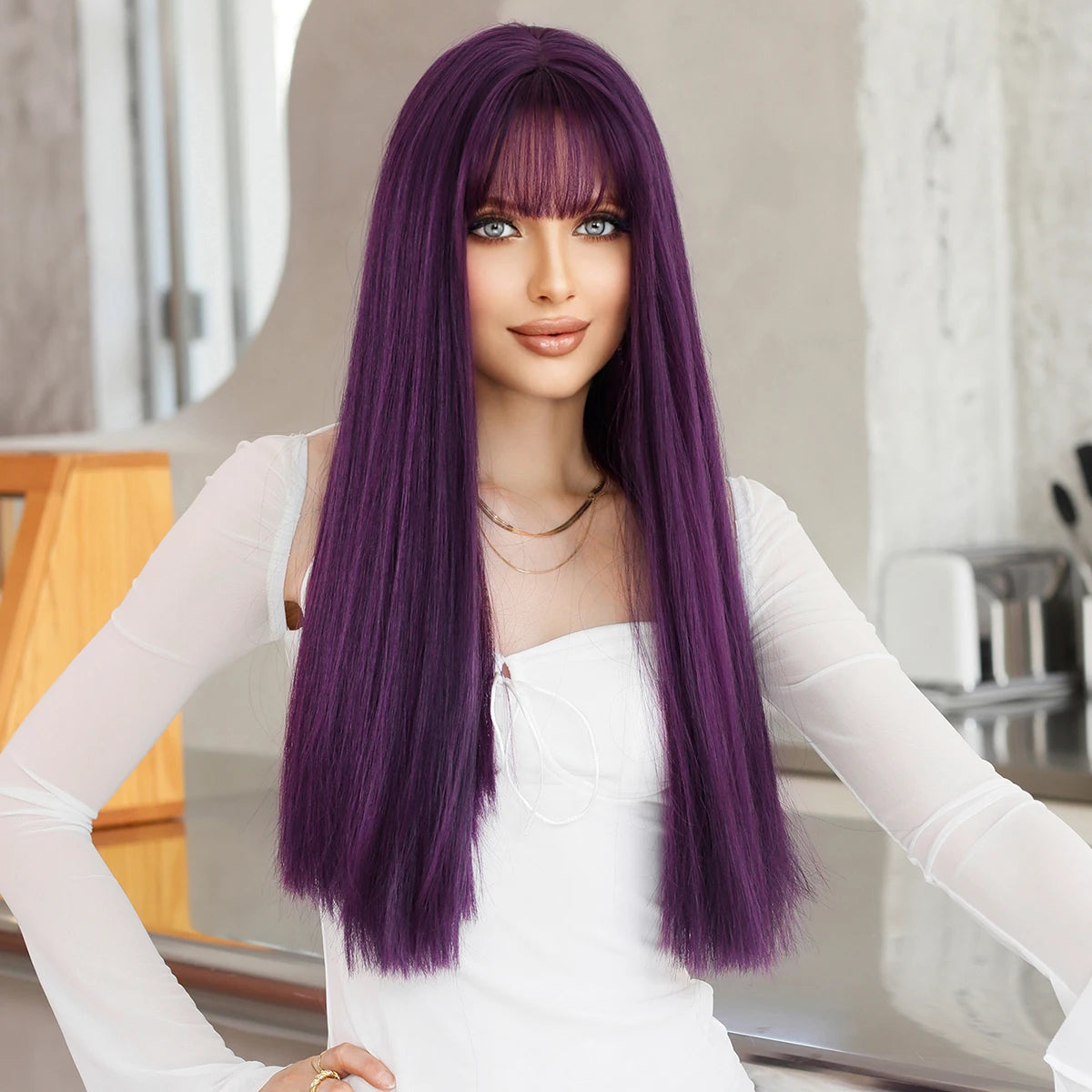 NAMM Long Straight Purple Wig For Woman Daily Party Cosplay Lolita wig Natural Synthetic Wig with bangs Heat Resistant Fiber