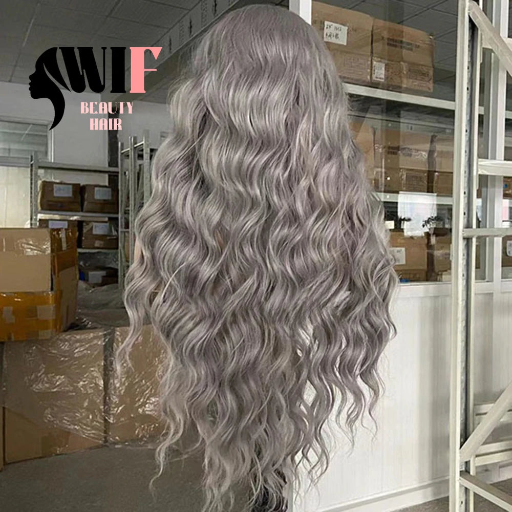 WIF White Highlight Grey Color Body Wavy Synthetic Wig Makup Gray Hair Long Loose Wavy Heat Fiber Lace Front Wigs Daily Cosplay