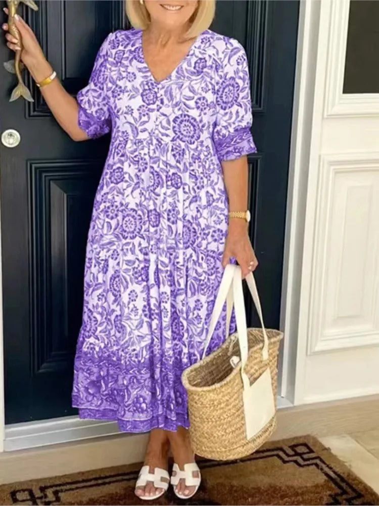 Summer Floral Print Dress For Women Casual Loose Elegant Beach Party Maxi Dresses Robe Femme Fashion Female New Vestidos 2024