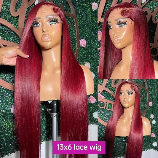 99j Burgundy Lace Front Human Hair Wig 30 Inch Bone Straight Lace Frontal Wigs 13x6 Hd Transparent Lace Brazilan Wig For Woman