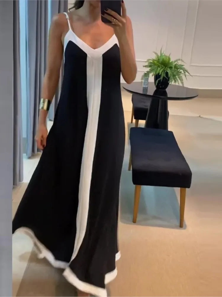 Women Casual V Neck Long Dress Summer Chic Stitching Color Loose Hem Dresses Elegant 2024 Backless Sleeveless Sling Maxi Dresses