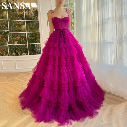 Sansa Sexy Spaghetti Strap Fuchsia فساتين السهرة Multilayer Tulle A-line Prom Dress Princess Puffy Vestidos De Noche