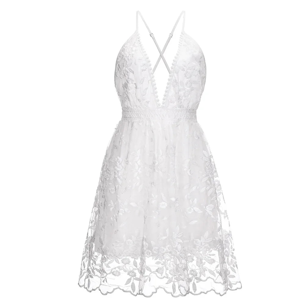 YEAE Summer Sundress White Floral Embroidery Mesh Lace Sexy Backless Beach Dress Clothes For Women 2024 New Arrival  Fashion