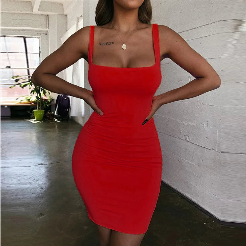 Sexy Evening Club Party Mini Bodycon Summer Dresses for Women 2023 Solid Slim Square Neck Short Sundress Vestidos