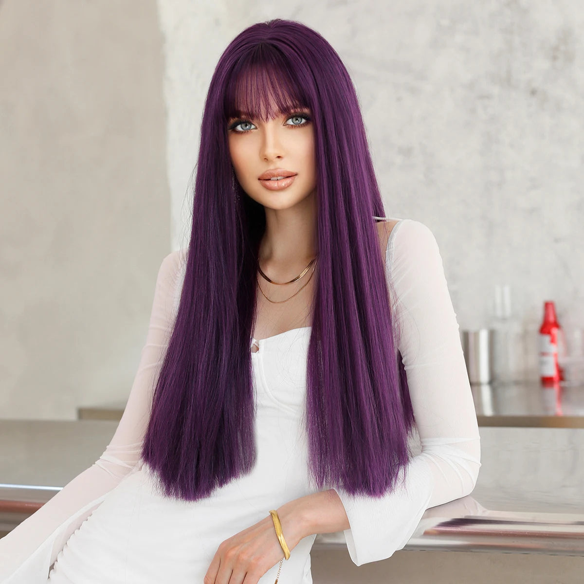 NAMM Long Straight Purple Wig For Woman Daily Party Cosplay Lolita wig Natural Synthetic Wig with bangs Heat Resistant Fiber