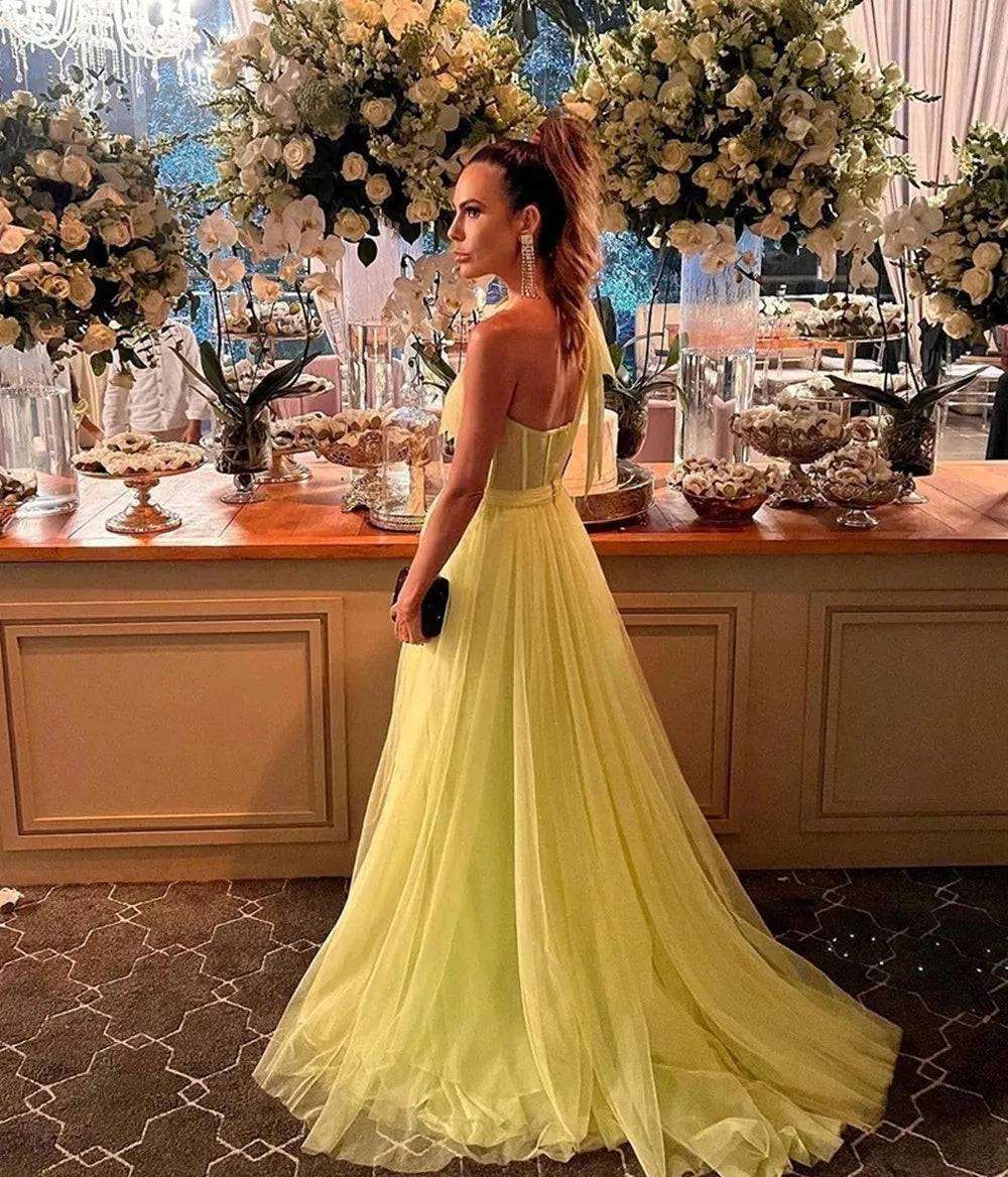 Yellow One Shoulder Prom Dresses For Party Tulle Front Side Split Evening Women Dresses 2024 Sweetheart Bow Tie Elegant Gowns