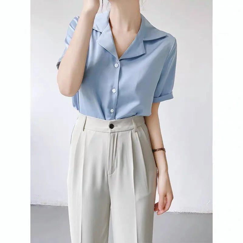 Elegant Women's Blouse Summer New Solid Short Sleeve Korean Fashion Office Lady Shirts Casual Ladies Clothes Top Female Shirts