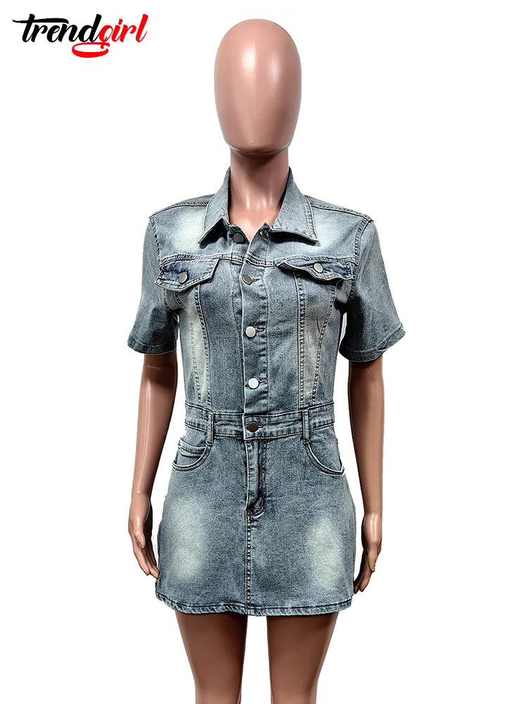 Trendgirl Elegant Stretch Short Sleeve Dress Denim Summer Women Slim Solid Pockets Birthday Party Bodycon Jean Mini Vestido 2024