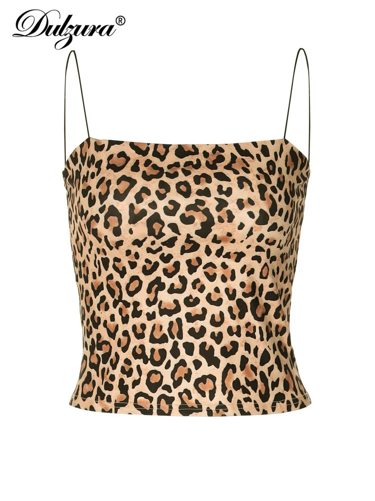 Dulzura Printed Leopard Crop Tops Vest Sexy Backless Spaghetti Strap Camisole Top Women Clothes Summer Party Club Streetwear Y2K