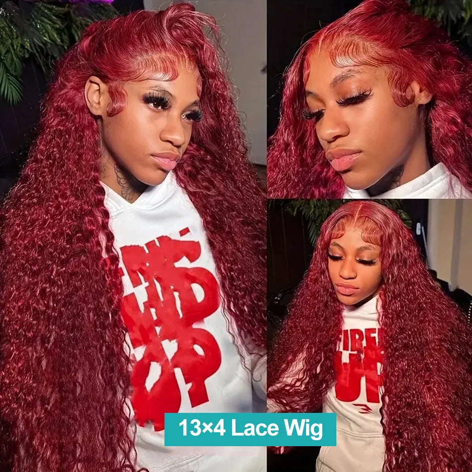 250 Density 30 40 Inch 99J Burgundy Deep Wave 13x4 Lace Front Human Hair Wig 13x6 Lace Frontal Red Curly Wigs Remy For Women