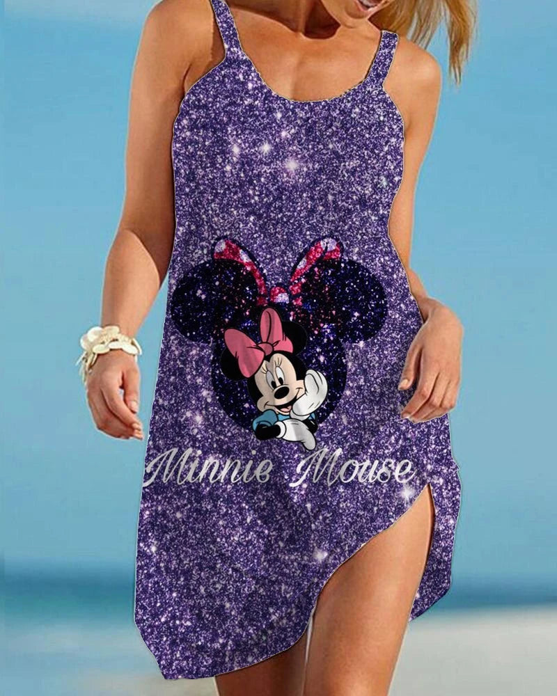 Disney Minnie Mickey Summer Women Beach Dress Sexy Swimsuit Female Beach Cover-Ups Wrap Towel Open Back Sling Mini Beach Dresses