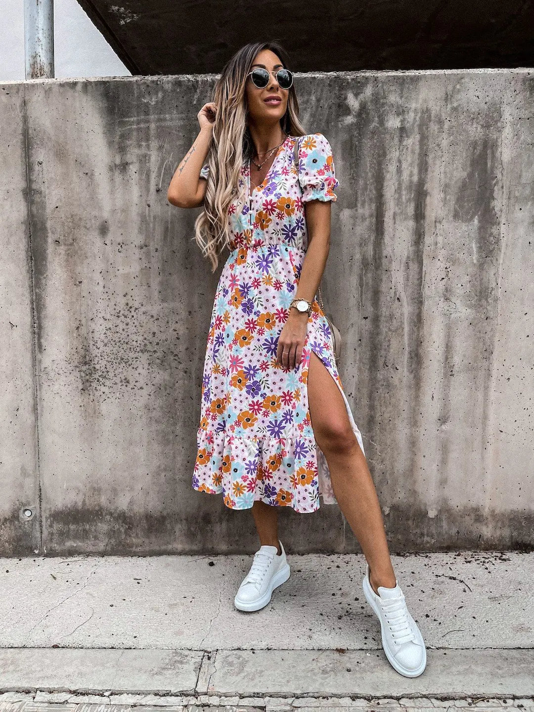 Summer Floral Print Dress Women V Neck Side Slit Long Dress Elegant Short Sleeve Button Slim Spring Female Party Dress Vestidos