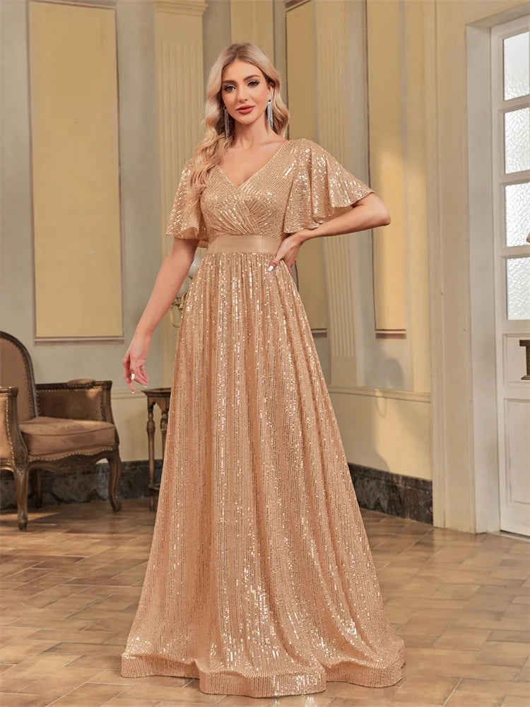 XUIBOL Elegant V Neck Short Sleeves Gold Evening Dresses Women Sequins Wedding Party A-line Prom Maxi Cocktail Dresses Gown