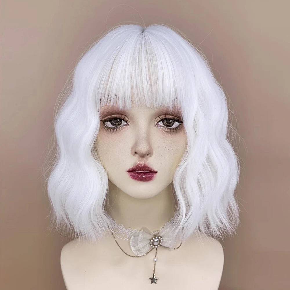 MSIWIGS Synthetic Short Women White Wavy Curly Wig with Bangs Lolita Cosplay Natural Fluffy Hair Wig for Daily Party