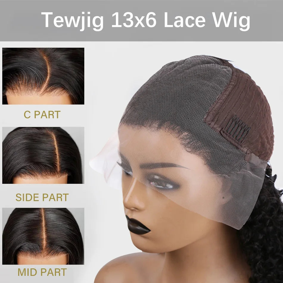 Tewjig 13x6 Deep Wave HD Transparent Lace Frontal Human Hair Wig 180 Density 30 40 Inch 13x4 Curly Lace Front Wig For Women