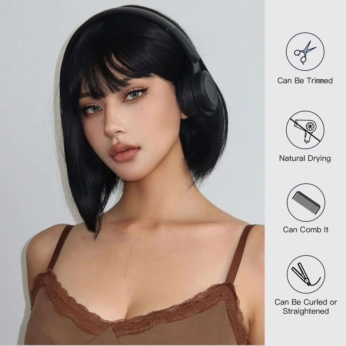 EASIHAIR Short Straight Bob Wigs for Women Black Synthetic Natural Hair Wig with Bangs Heat Resistant Cosplay Daily Use Hair